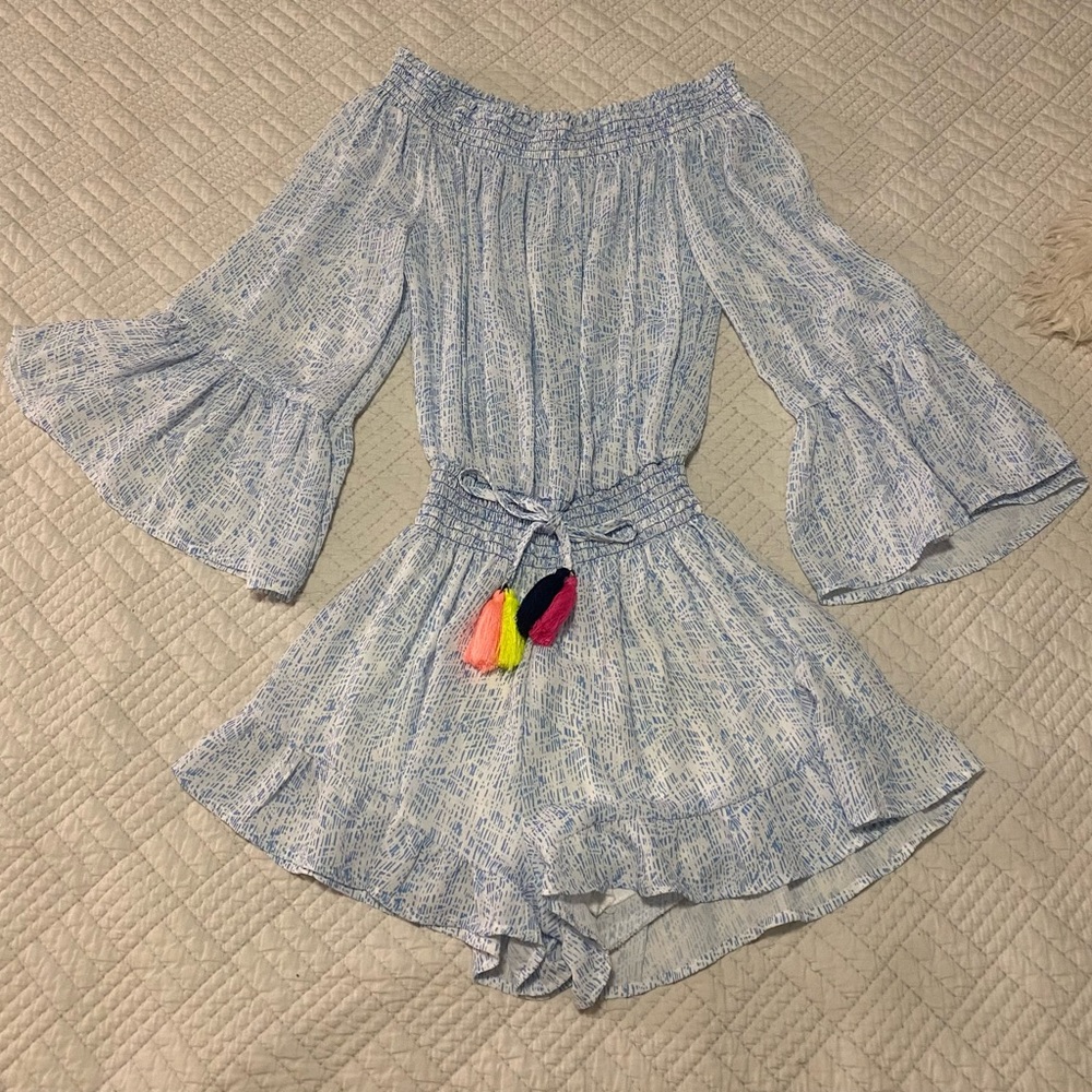 Surf Gypsy Light Blue Printed Off-Shoulder Romper with Neon Tassels